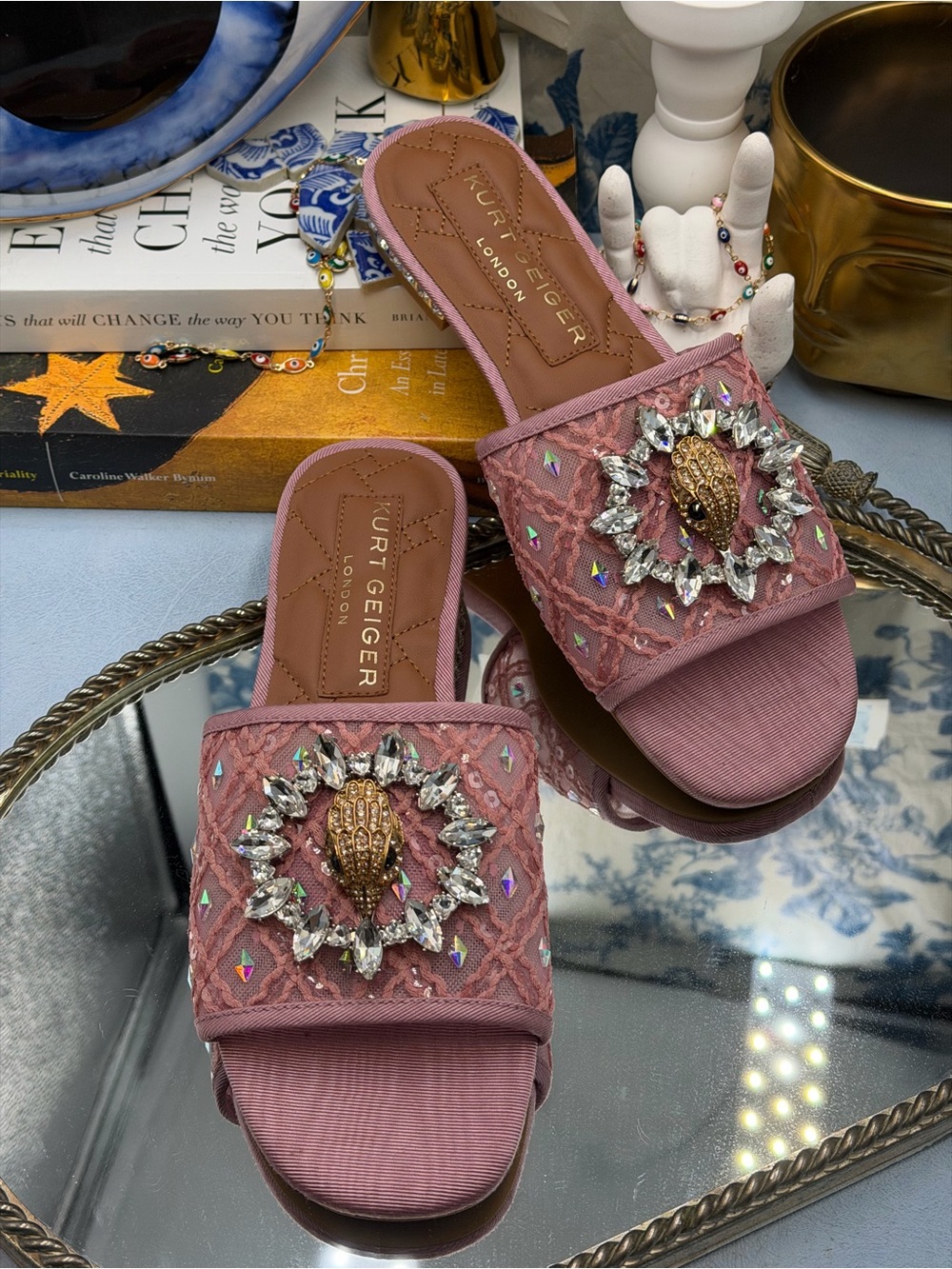 🆕 KURT GEIGER LONDON 🧿 NWOB Chelsea Flat Sandal, Pink Mesh Crystal, Sz 37 US 7 - Picture 7 of 14